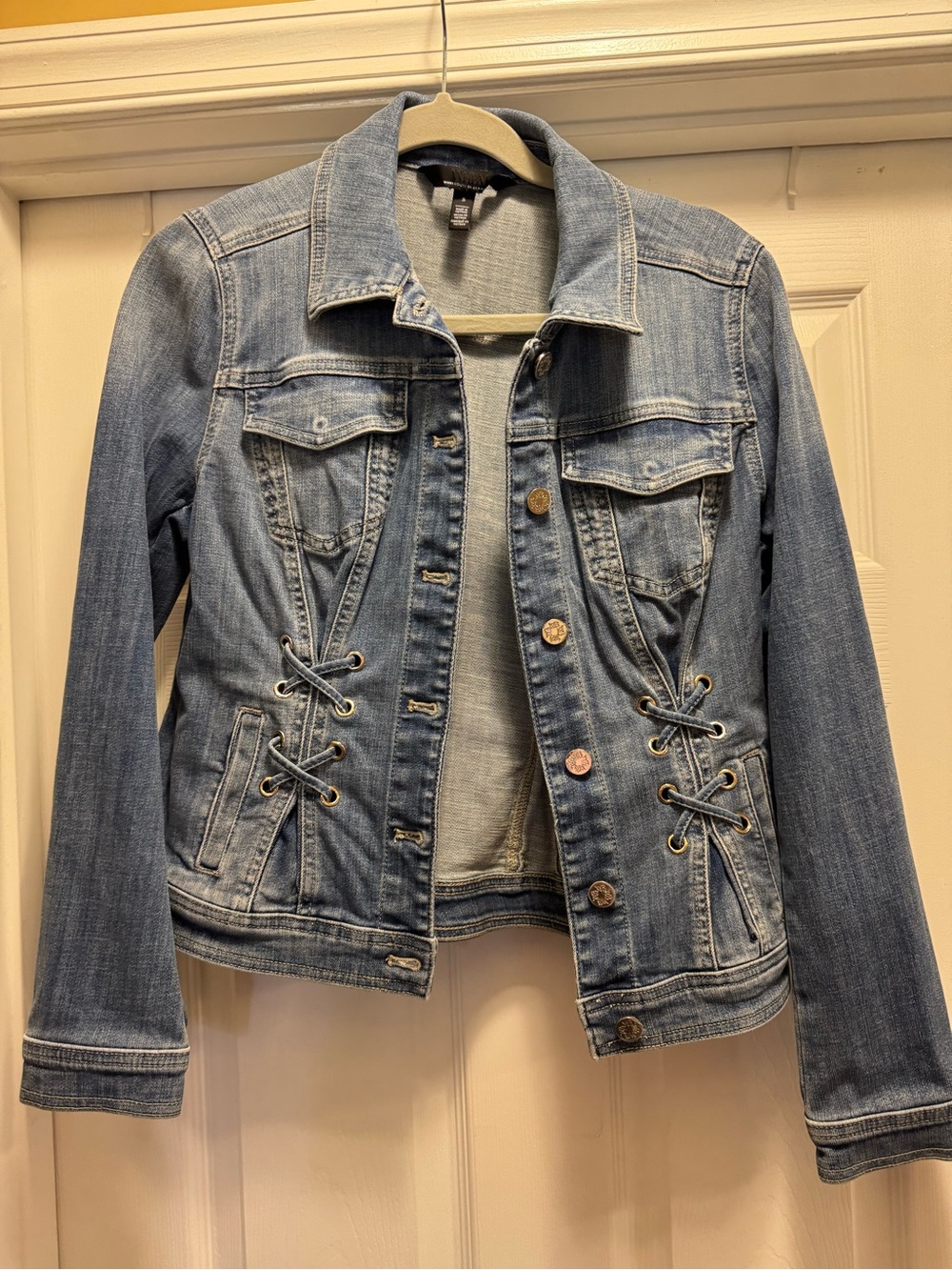 White House Black Market Light Blue Denim Jacket with Lace-Up Sides